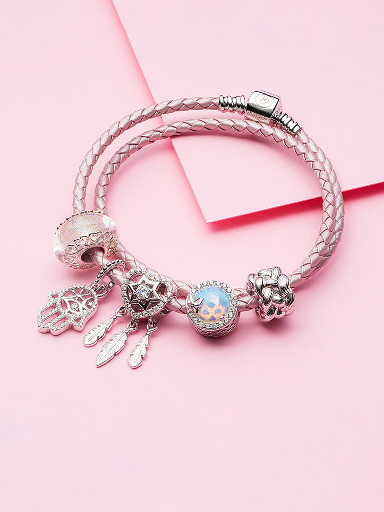 Blush pink double wrap leather charm bracelet styled with charm beads