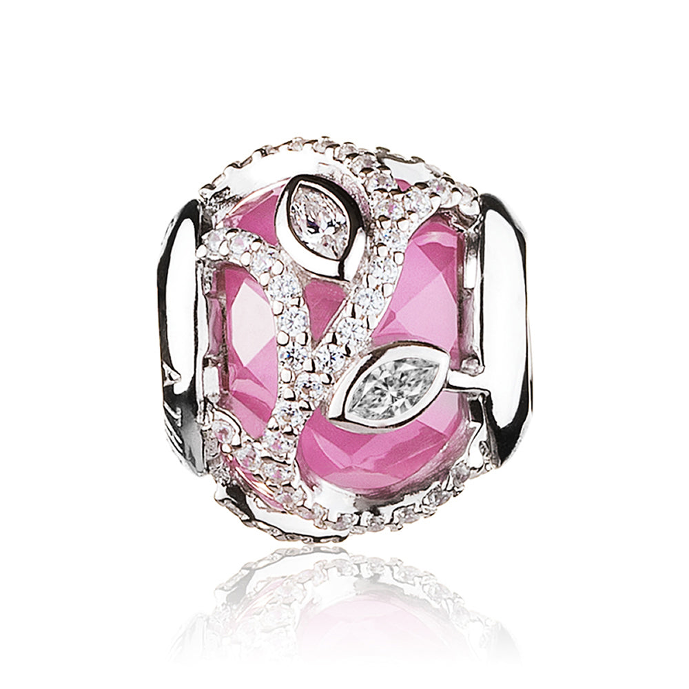Front view of Blushing Vine charm bead in 925 sterling silver with pavé CZ, botanical design for charm bracelets