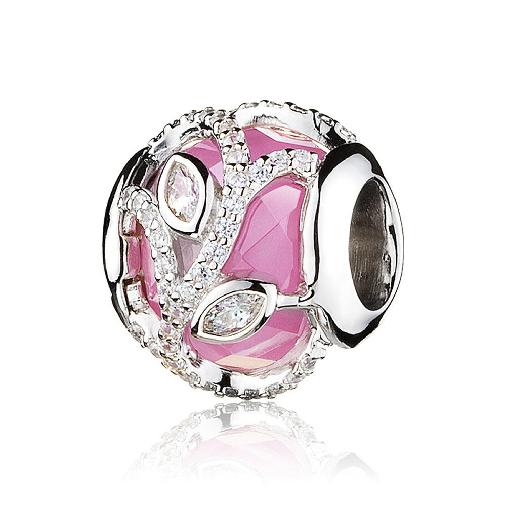 ide view of Blushing Vine charm bead with sculpted vine motif, pavé cubic zirconia sparkle on sterling silver surface