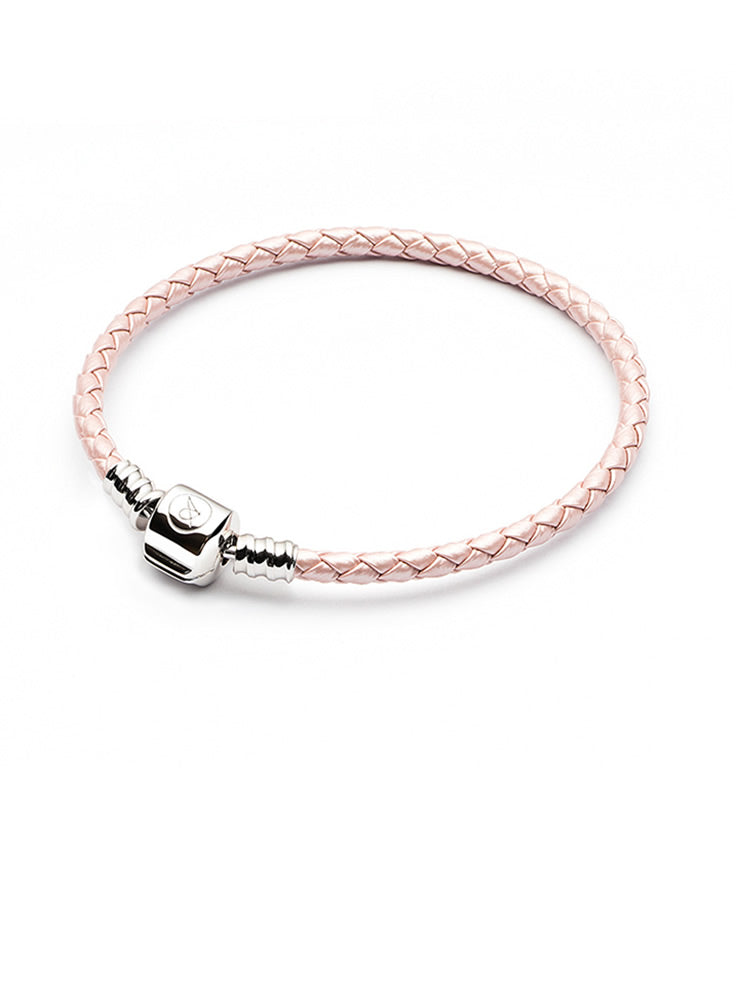 Pink braided leather charm bracelet with sterling silver clasp