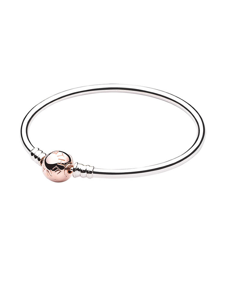 925 sterling silver charm bangle bracelet with rose gold clasp front view