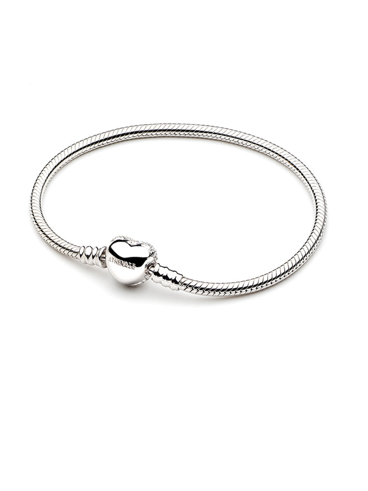 Back view of sterling silver charm bracelet with secure clasp