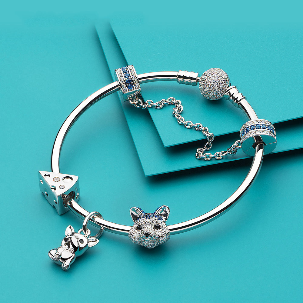 Cheesy Delight silver charm styled with pastel bracelet and cubic zirconia beads | ATHENAIE