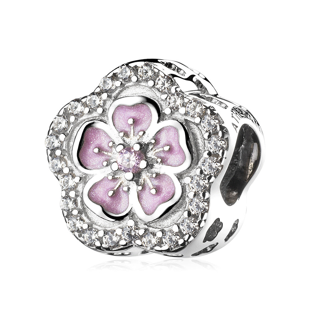 Cherry Blossom charm bead in 925 silver with enamel and CZ, floral front view by ATHENAIE