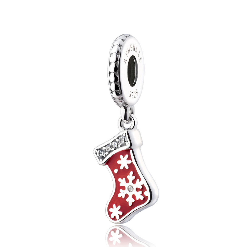 Christmas Stocking pendant charm in 925 sterling silver with enamel and CZ – front view