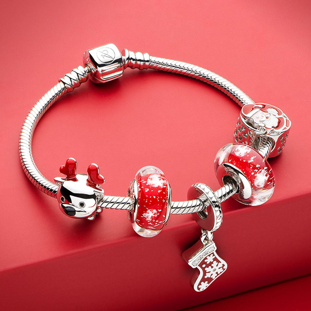 Christmas Stocking pendant charm styled with ATHENAIE silver bracelet – holiday gift jewelry