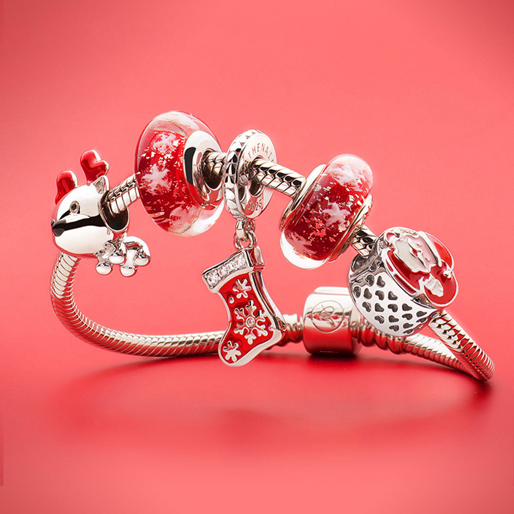 925 silver Christmas Stocking charm paired with bracelet – festive jewelry styling