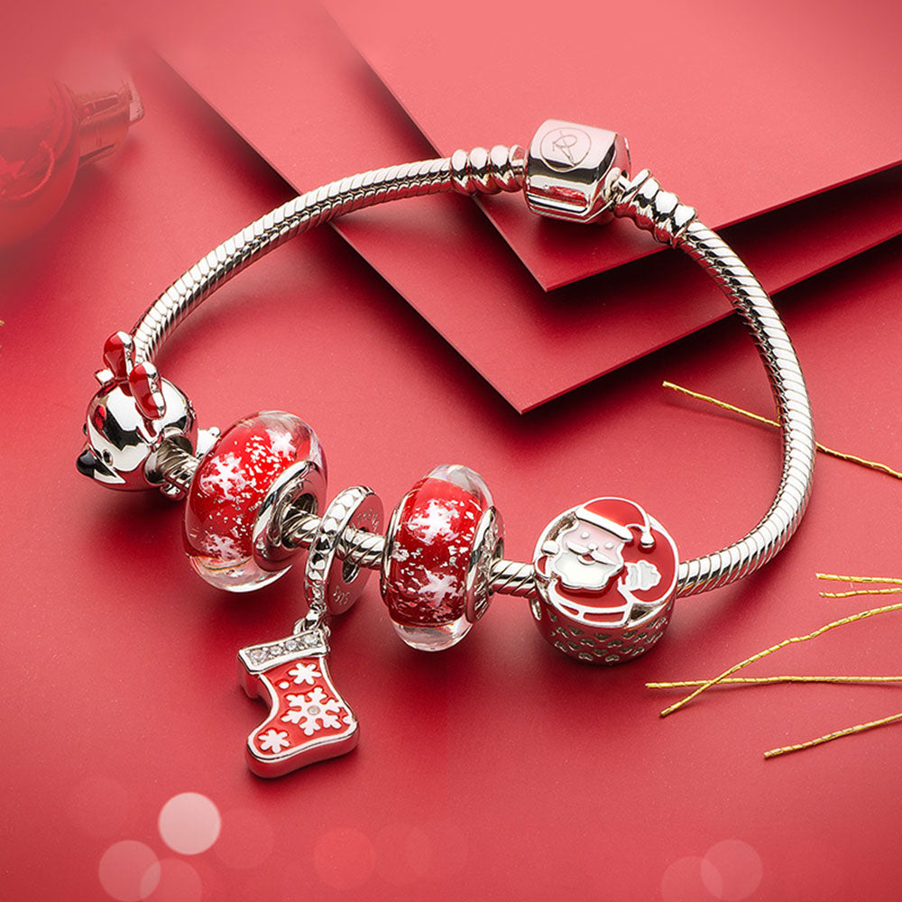 Christmas Stocking charm with enamel and CZ combined with holiday bracelet set