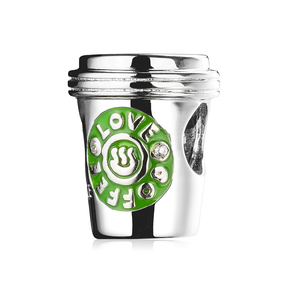 Coffee Love enamel charm bead with 925 silver base, front view.
