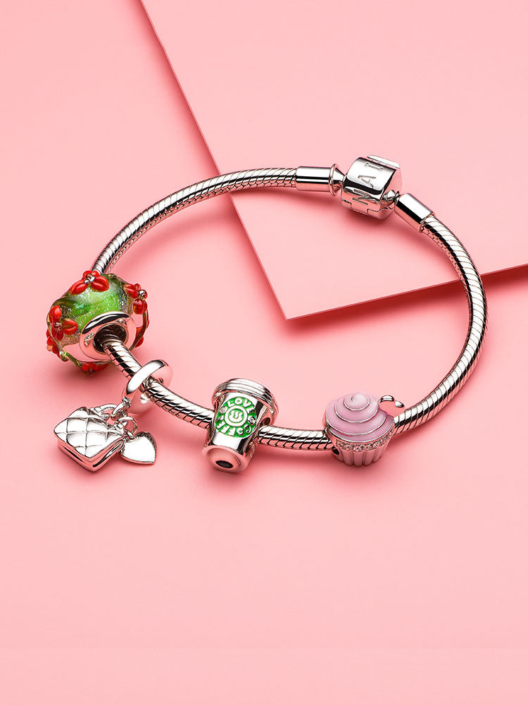 Coffee lover charm bead paired with sterling silver bracelet