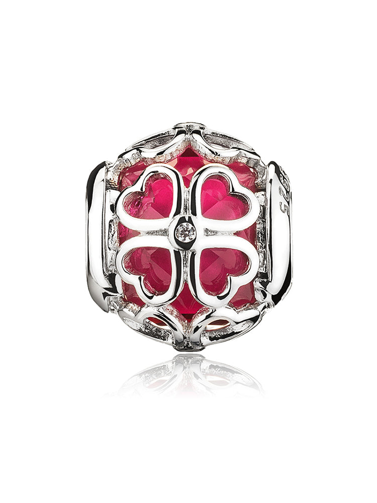 Crimson Four Leaf Clover charm bead in sterling silver with lucky clover design by ATHENAIE