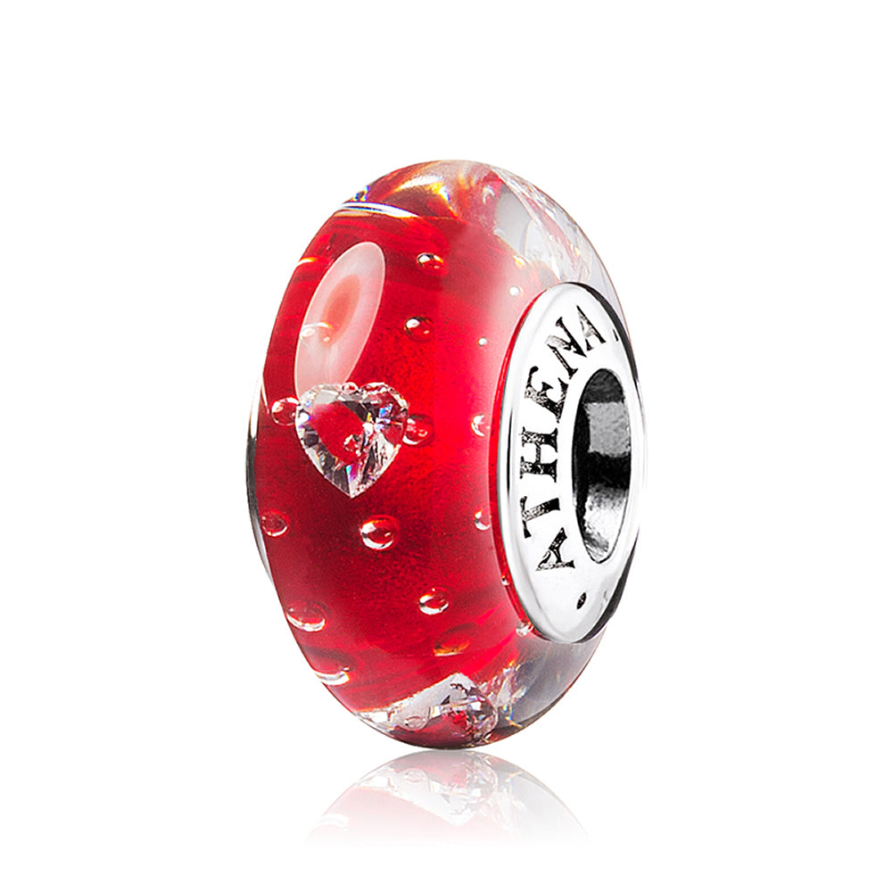 Front view of Crimson Heart Murano glass charm bead with 925 silver core, handcrafted romantic red glass design