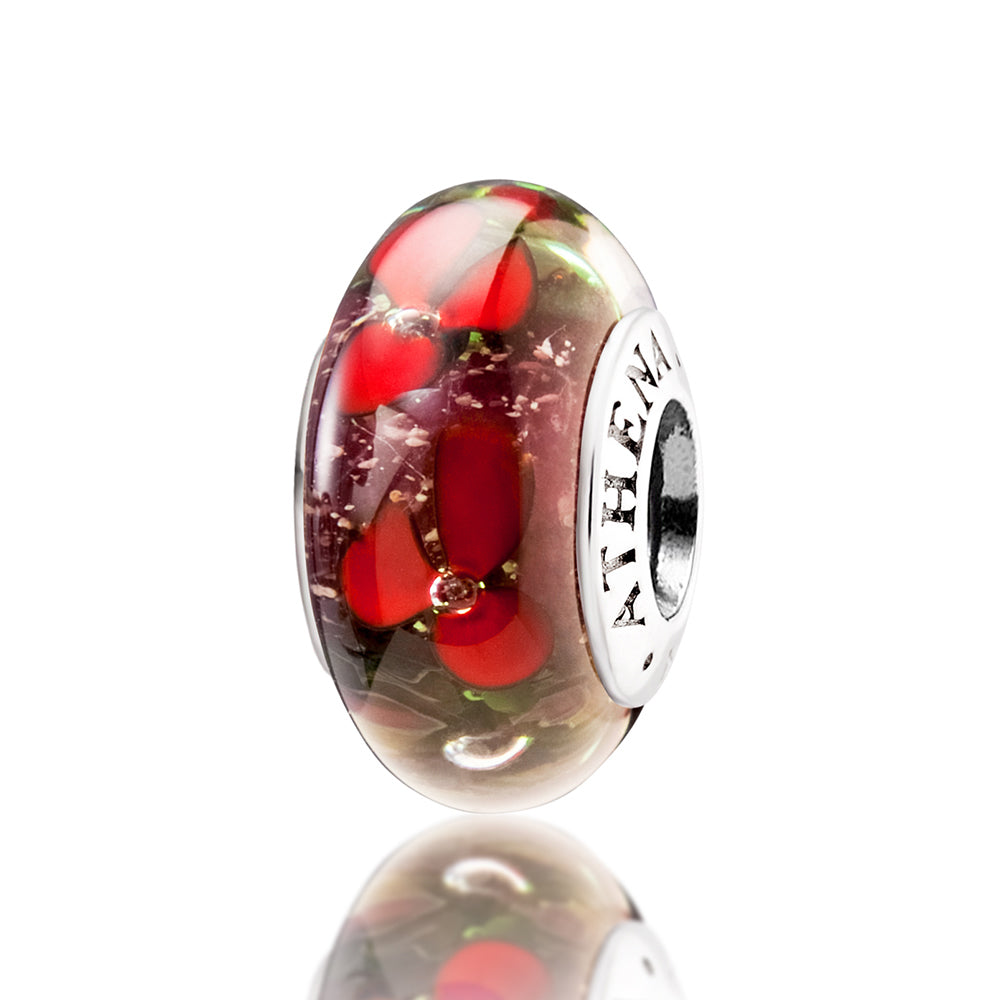Front view of Crimson Petals Murano Glass Charm Bead with red floral design