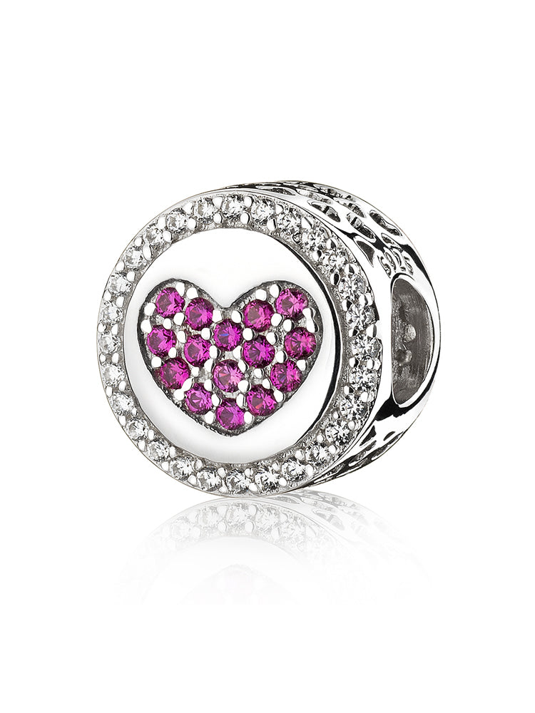 Crimson sparkle heart charm bead in 925 sterling silver by ATHENAIE