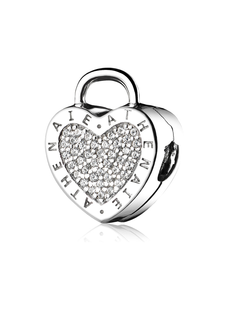 Crystal Heart Lock clip charm in 925 sterling silver stopper charm for bracelets by ATHENAIE