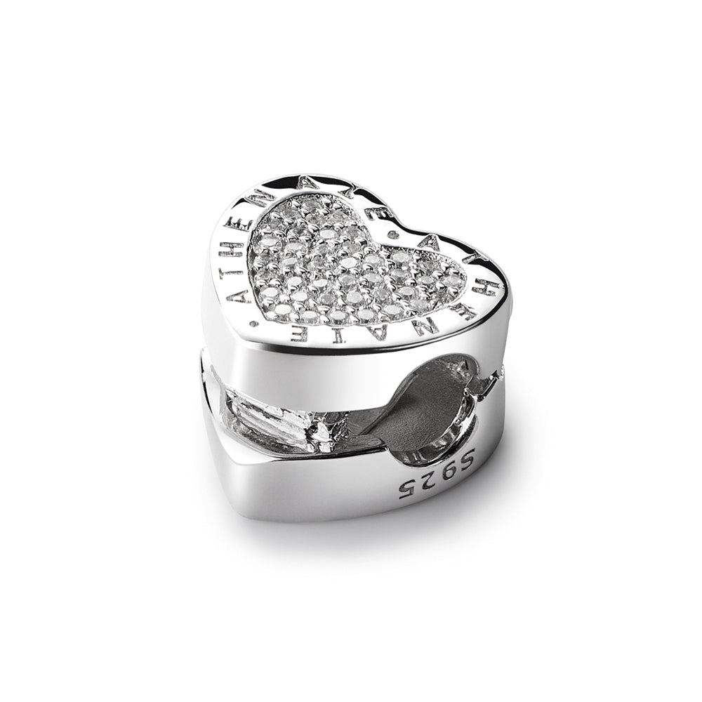 Open view of ATHENAIE heart lock clip charm in sterling silver, secure stopper bead