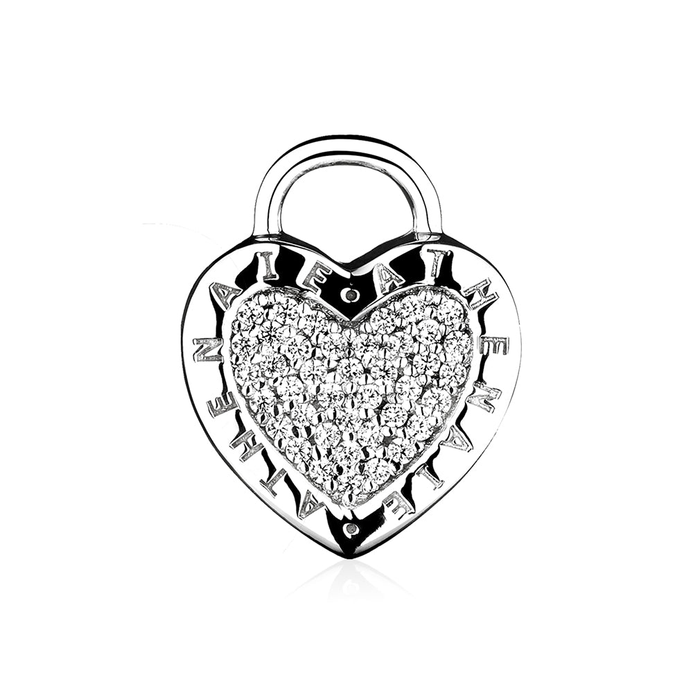 Close-up of CZ heart lock clip charm in 925 silver, handcrafted by ATHENAIE