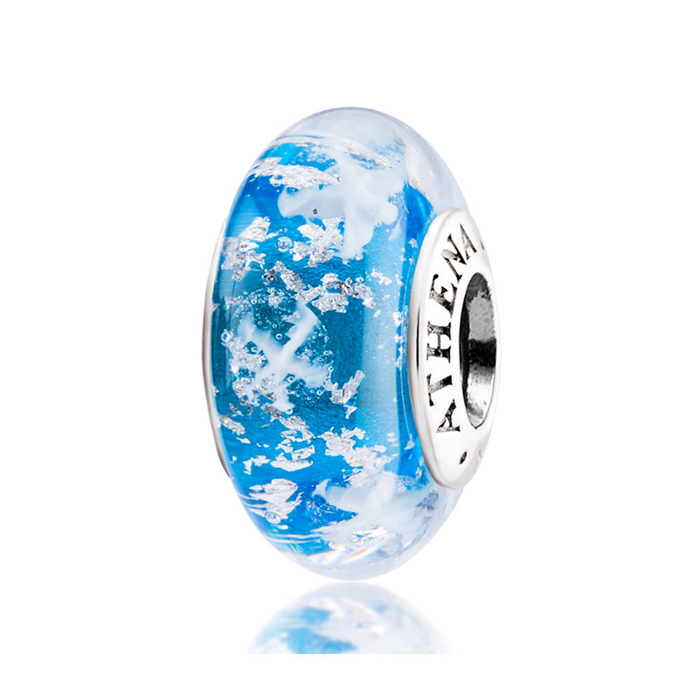 Crystal Snowflake Murano glass charm bead with 925 silver, front view.