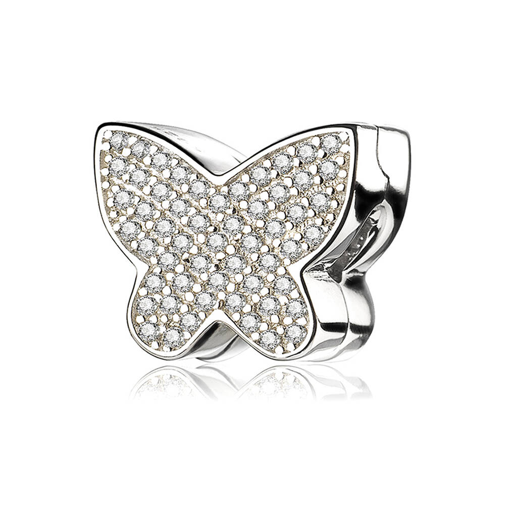 Front view of Crystal Wings butterfly clip charm in 925 sterling silver with CZ, openable clasp design for bracelets