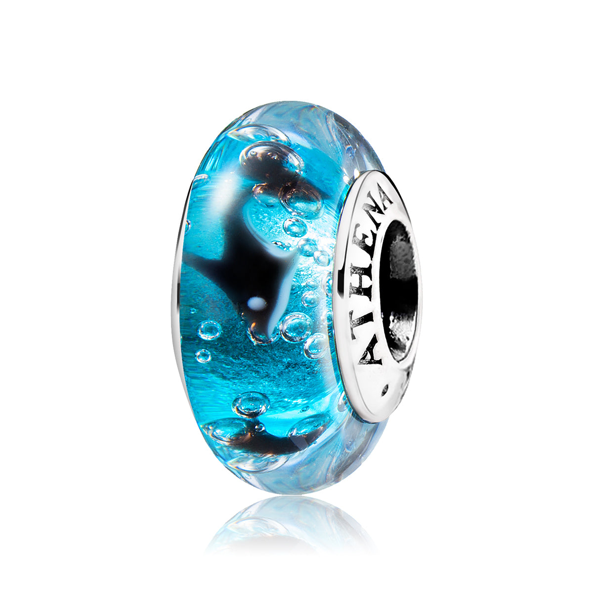 Dolphin Dance Murano glass charm with 925 silver core, front view on white background