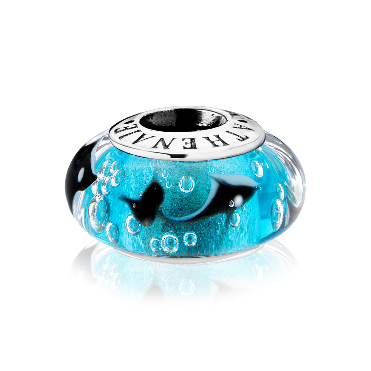 Side angle of Dolphin Dance charm showing handcrafted Murano glass texture and shine