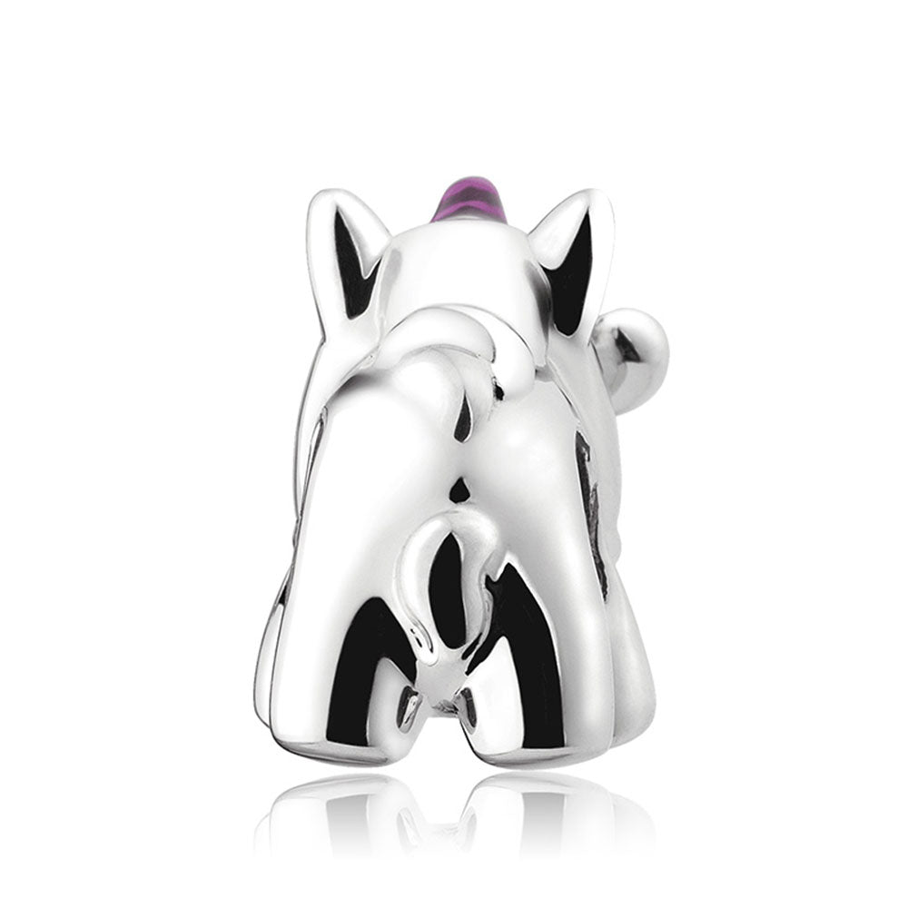 Back view of unicorn enamel charm with threaded core detail