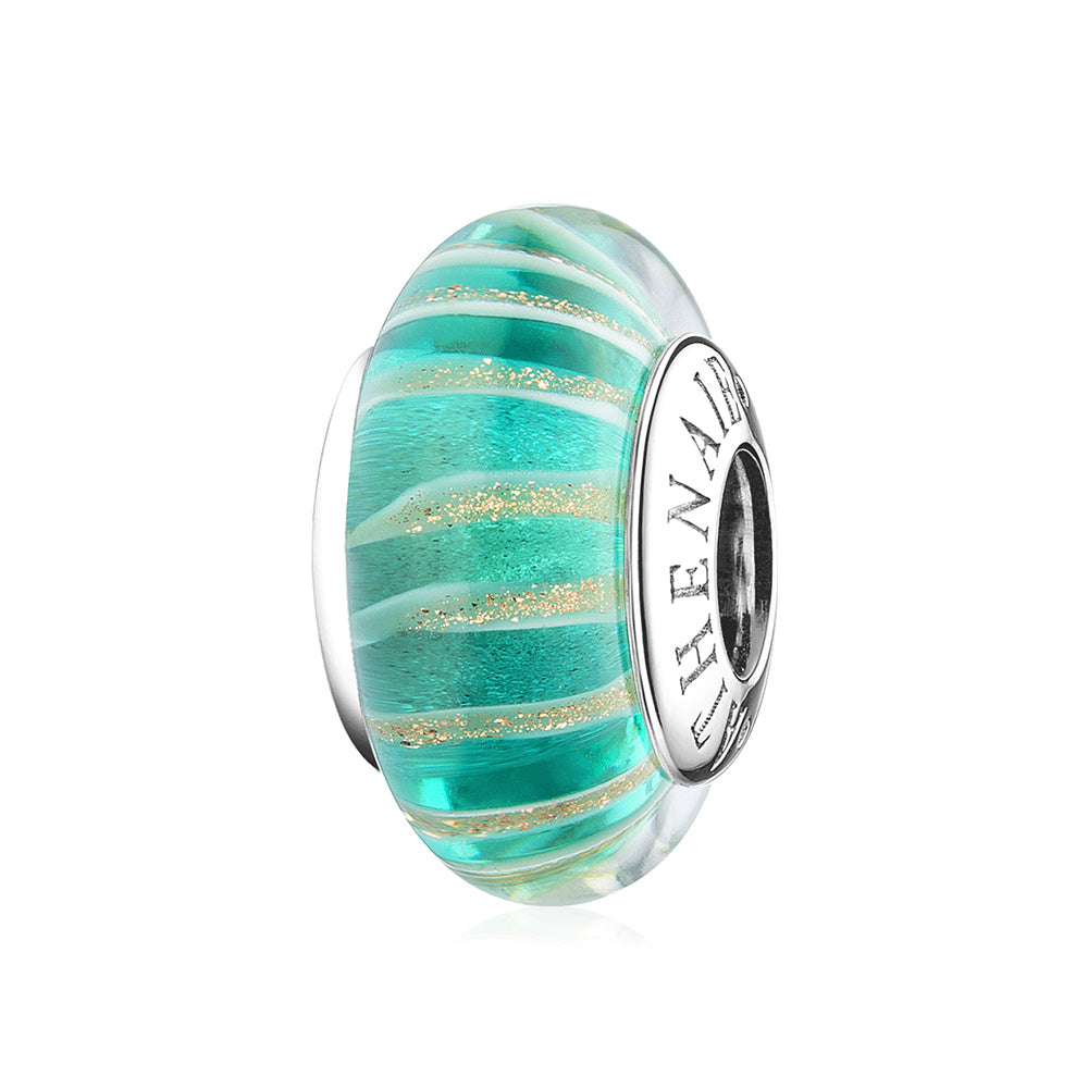 Emerald Breeze Murano glass charm bead with 925 silver core, front view.