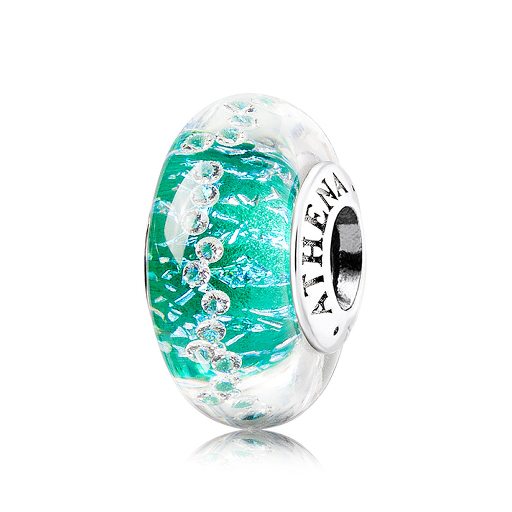 Emerald Glow Murano glass charm bead with 925 silver core, front view.