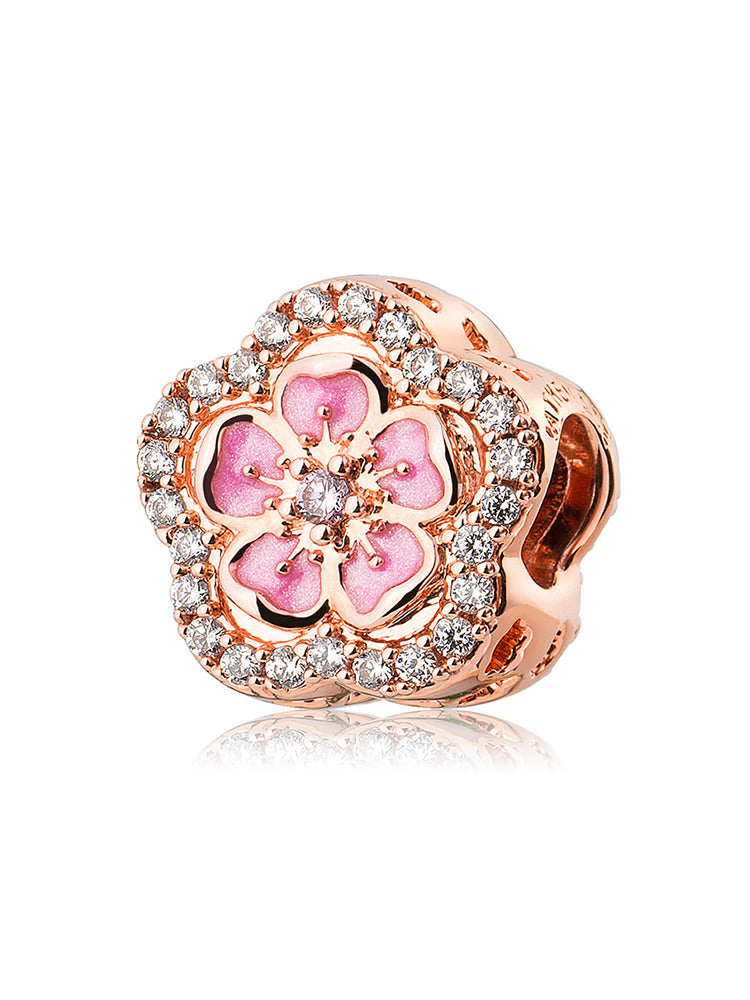 Cherry blossom rose gold charm in 925 sterling silver front view