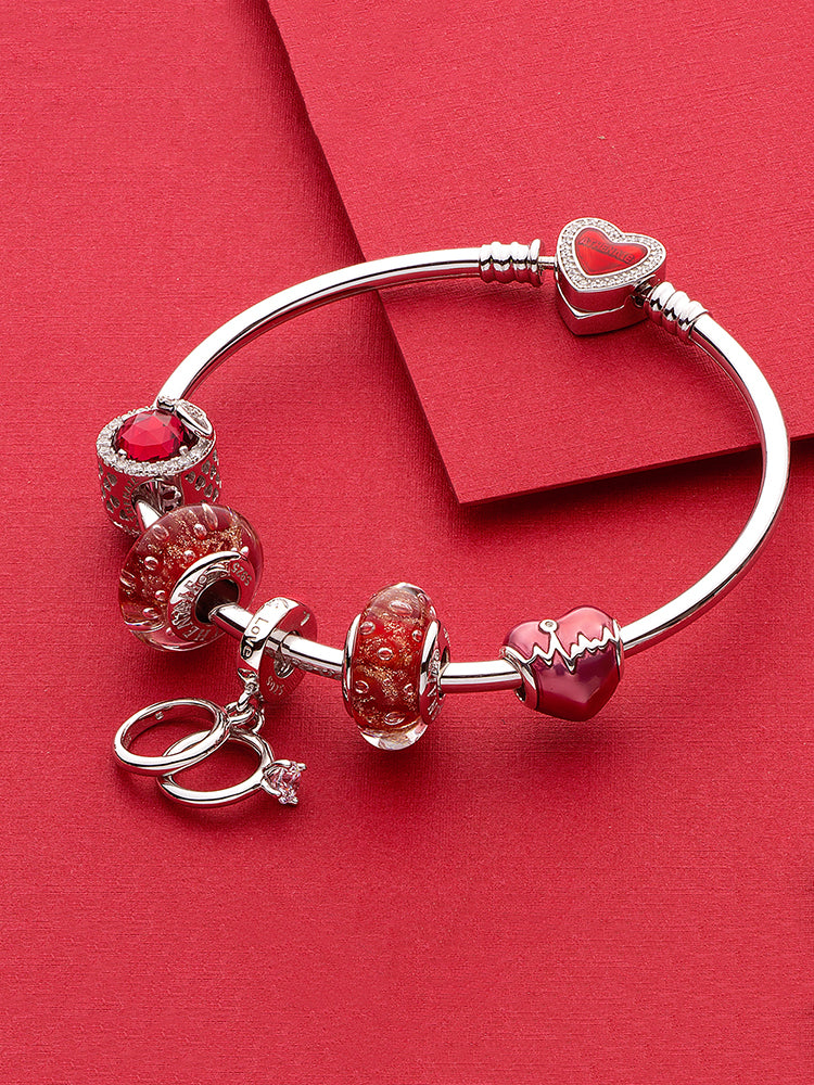 sterling silver enamel heart clasp charm bangle bracelet with charm beads