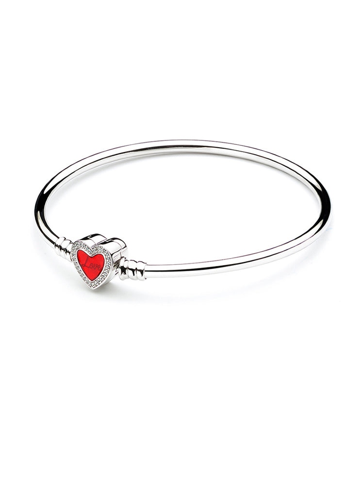 925 sterling silver enamel love heart clasp charm bangle bracelet front view