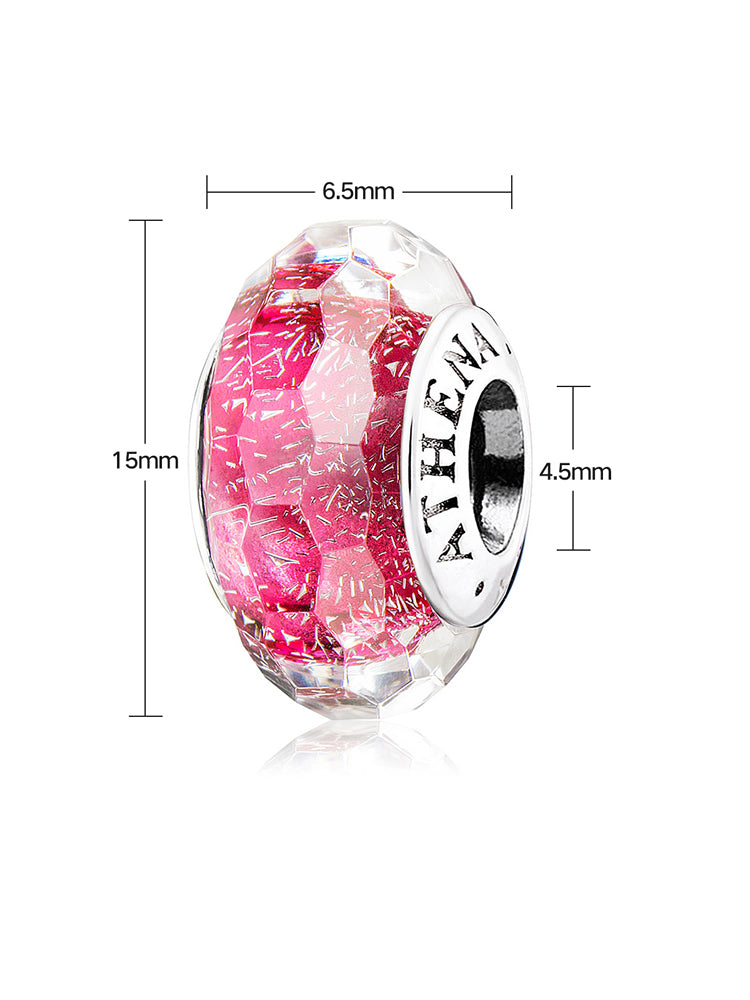 Faceted Murano glass bead size detail with rose stardust design and 925 silver core by ATHENAIE
