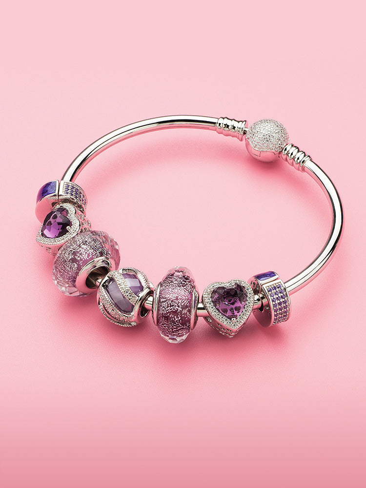 Midnight bloom faceted Murano glass bead styled on European charm bracelet by ATHENAIE