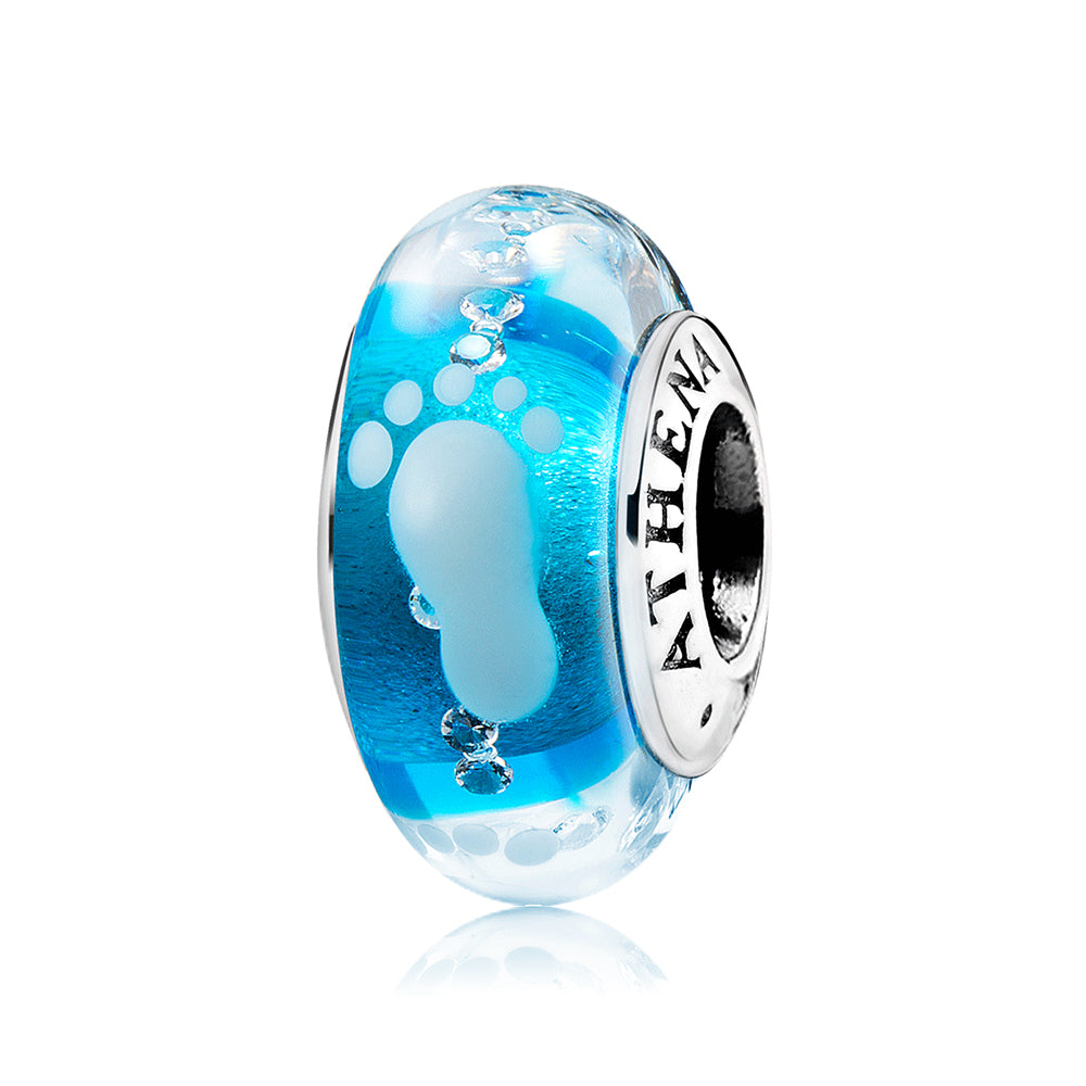 First Step charm in pink Murano glass with baby footprints and 925 silver core, front view