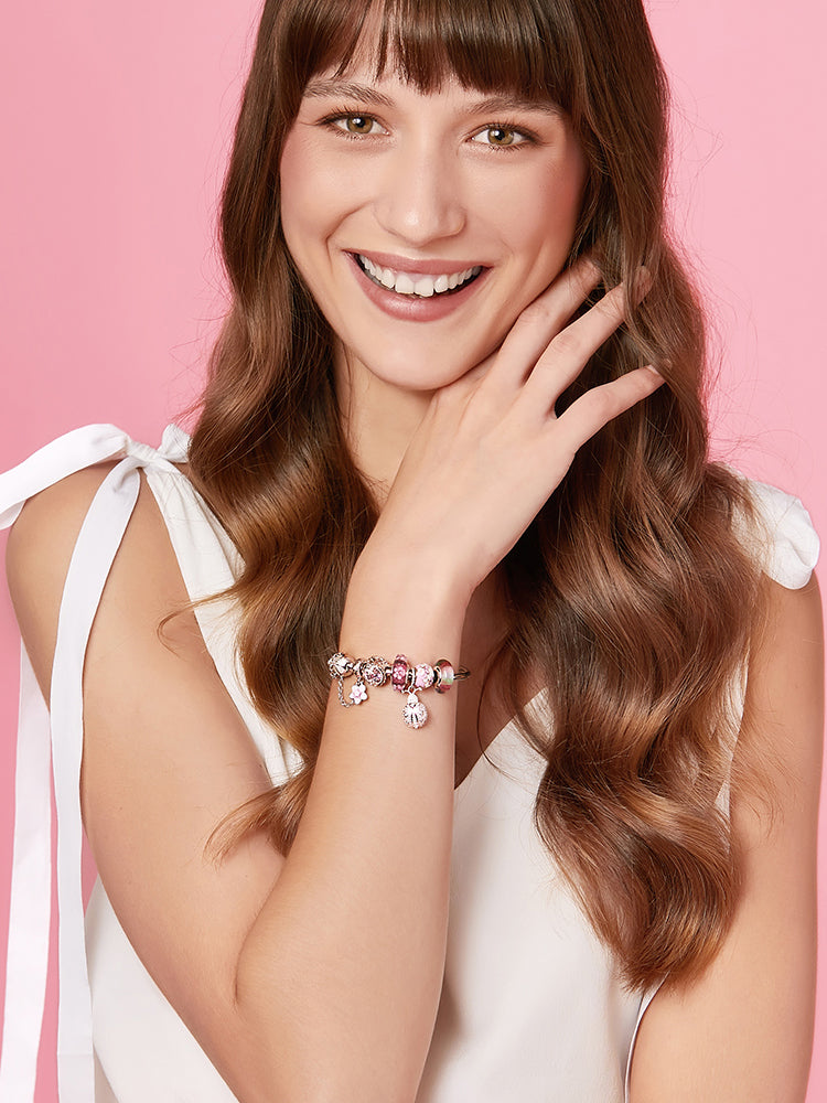 sterling silver floral clasp charm bangle bracelet worn styling