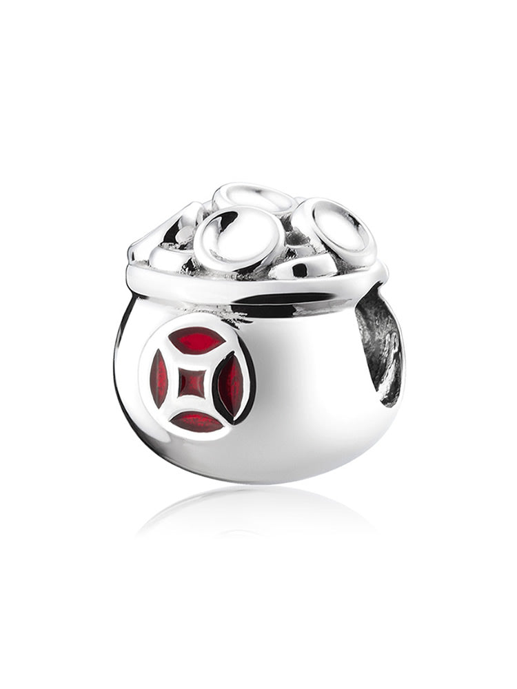 Side view of fortune bag charm bead sterling silver bracelet charm