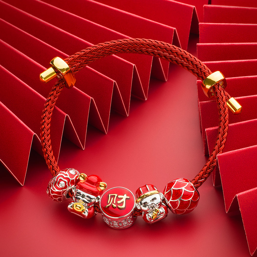 Fortune God charm bead styled on silver bracelet with enamel and CZ charms