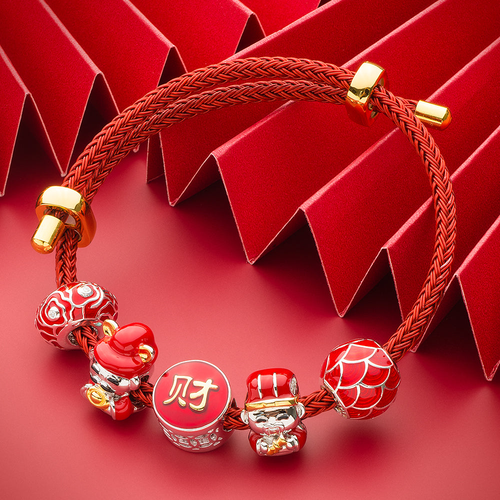 Fortune God charm bead combined with festive red and gold charms on 925 silver bracelet