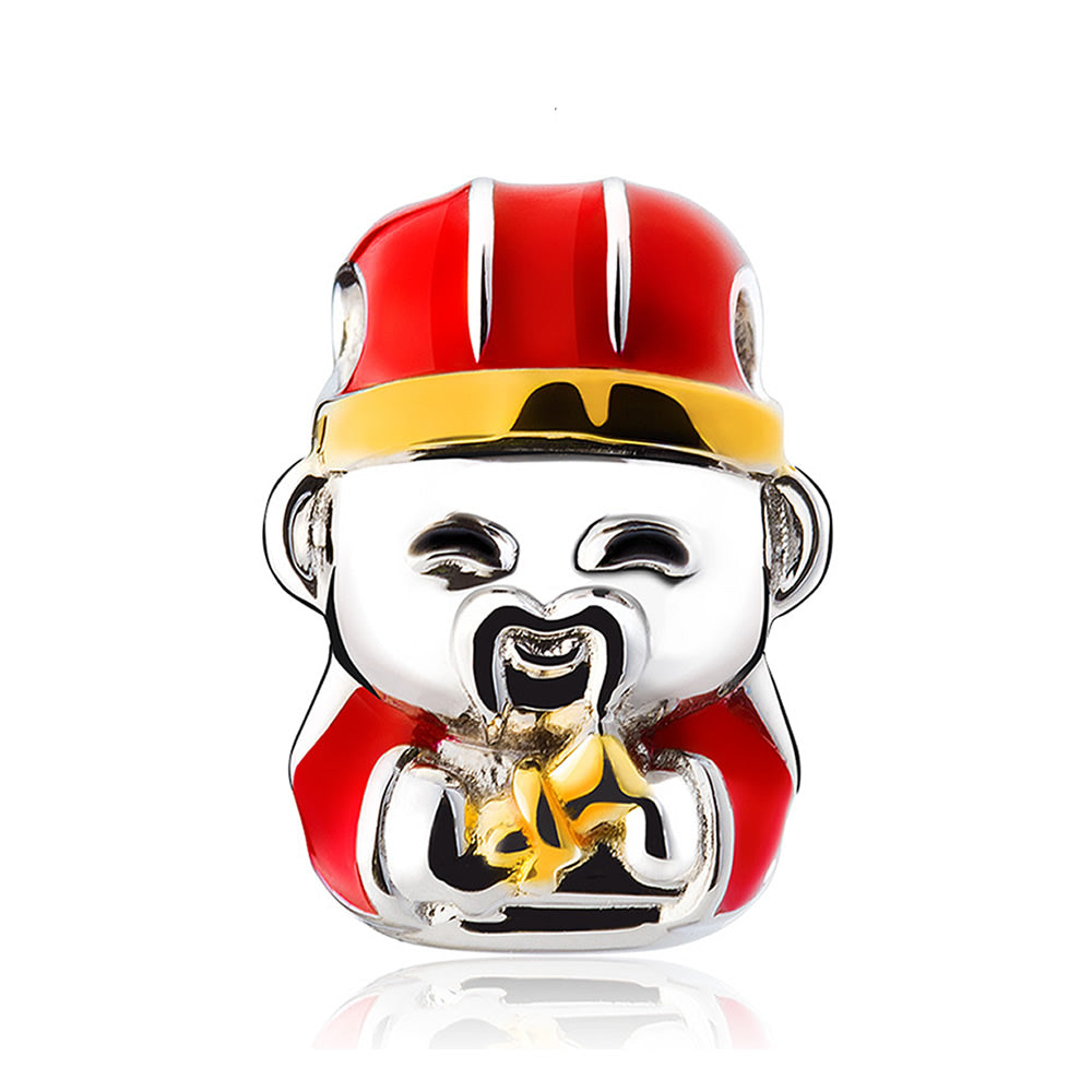 Front view of Fortune God charm bead in 925 sterling silver with enamel, Chinese-inspired design