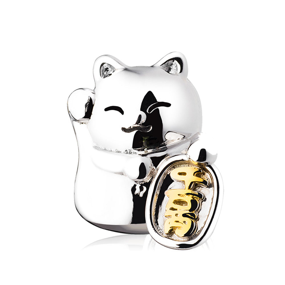 Front view of Fortune Kitty charm bead in 925 sterling silver with 18K gold plating and lucky cat design
