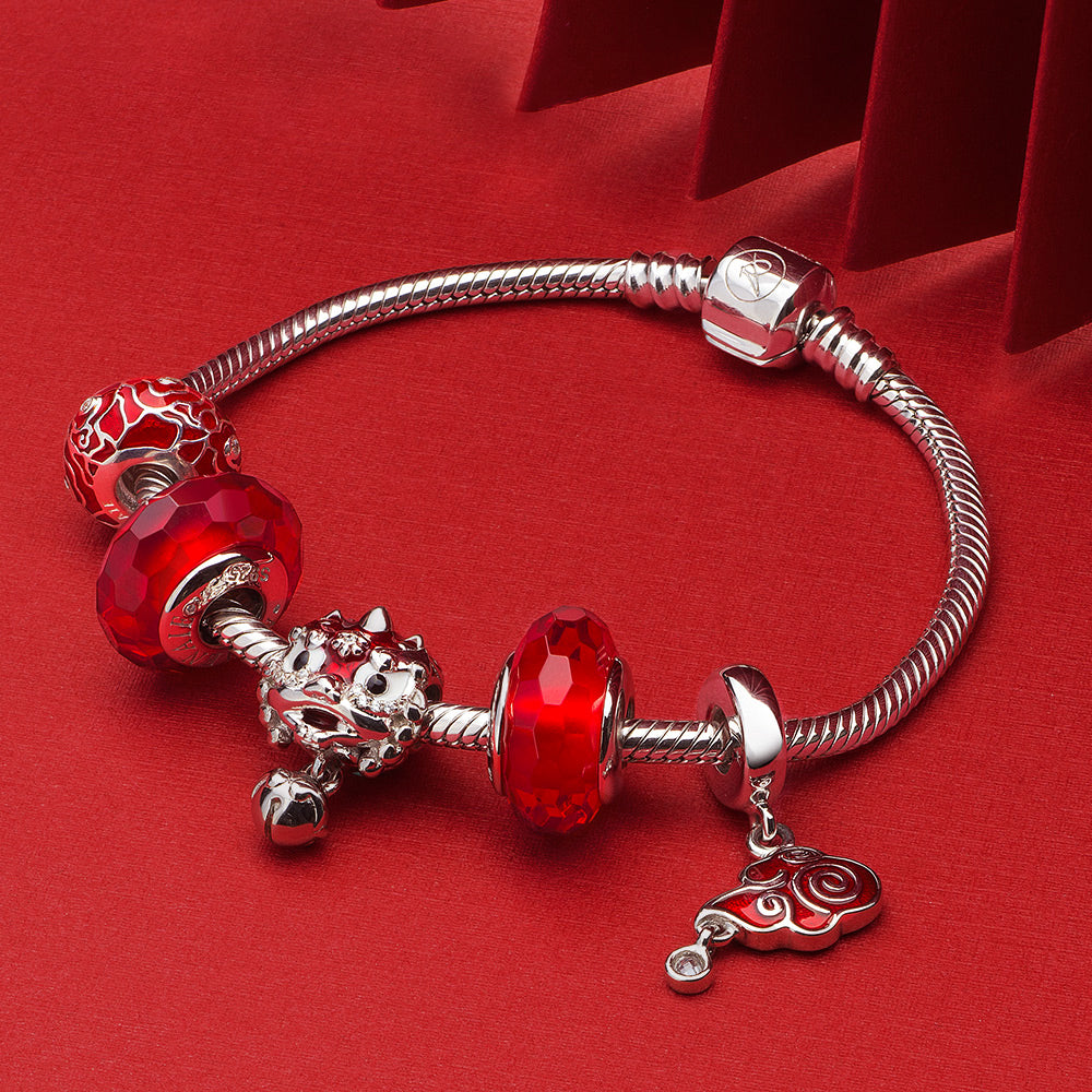 Fortune Lion charm bead paired with enamel and CZ charms on 925 silver bracelet