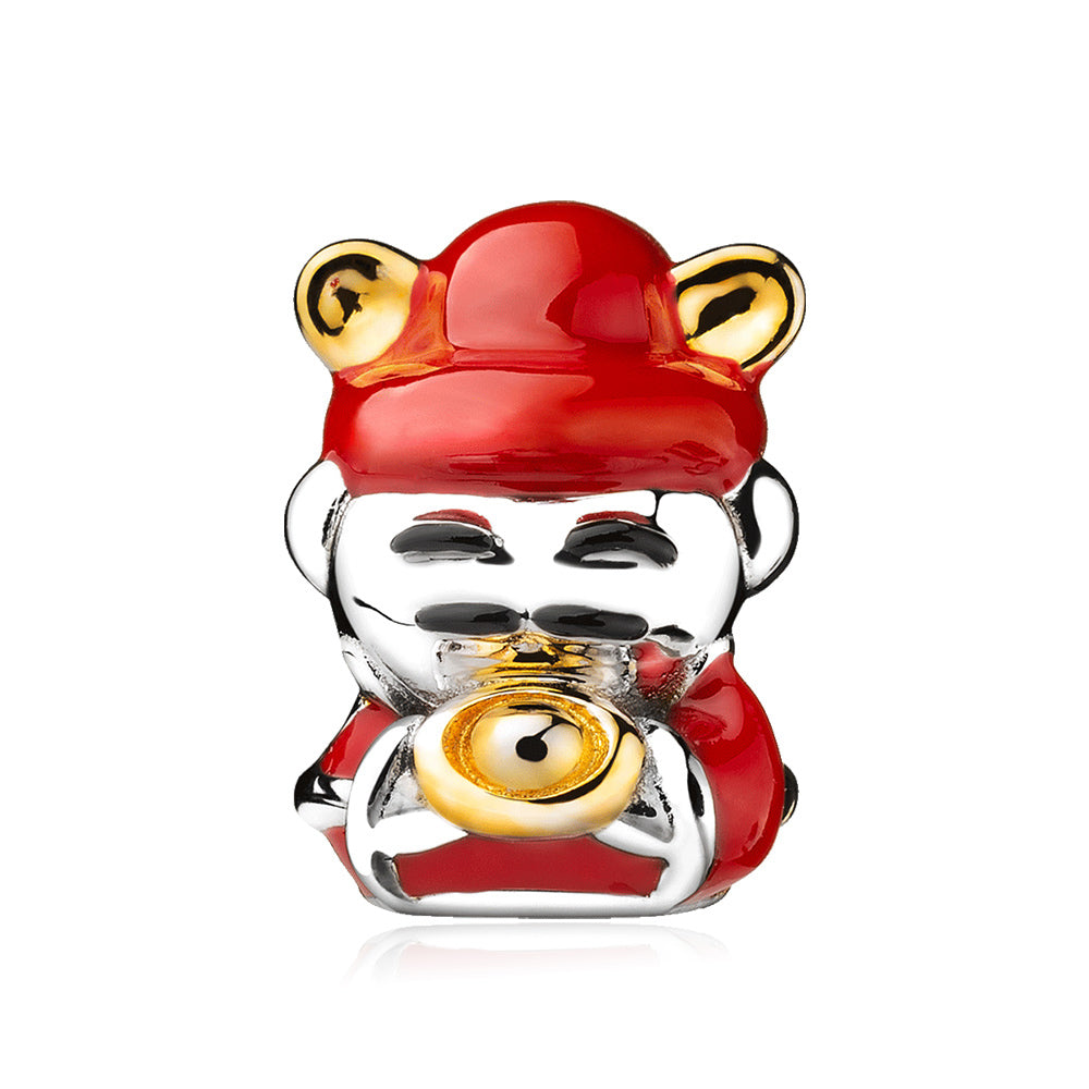Front view of God of Wealth charm bead in 925 sterling silver with enamel, Chinese-inspired lucky design