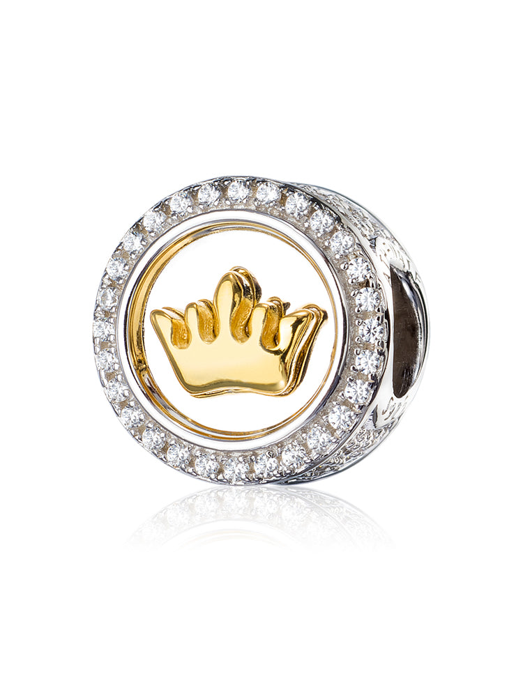 Gold-tone crown charm in 925 sterling silver with CZ, front view