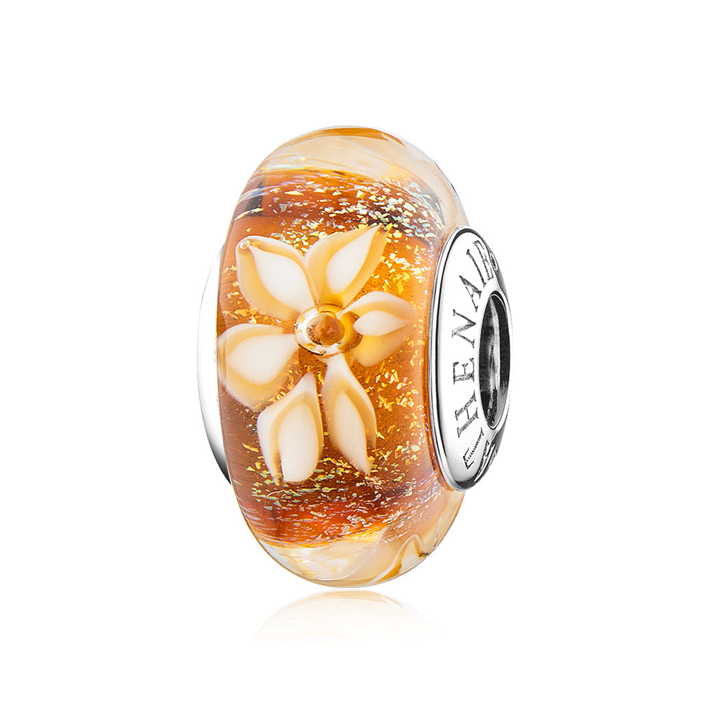 Golden Daisy Murano Glass Charm Bead 925 Silver Core by ATHENAIE – Front View White Background