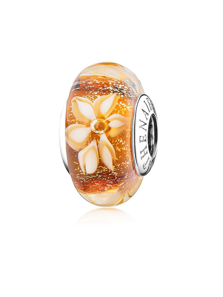 Golden daisy murano glass charm bead with floral design