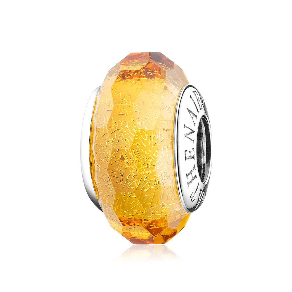 Golden Spark Murano Glass Charm Bead with 925 Silver Core – Front View on White Background by ATHENAIE