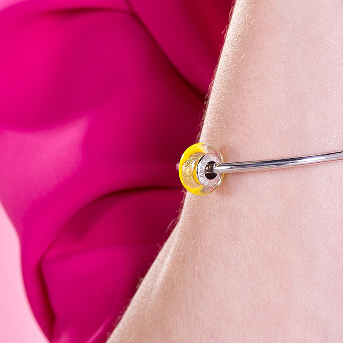 Close-up of Golden Sunrise Murano Glass Charm Bead on Bracelet – ATHENAIE Fashion Jewelry