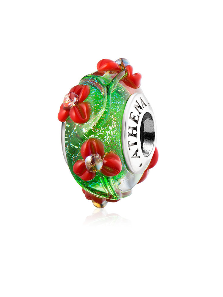 Green Murano glass bead with red flowers and a 925 silver core, front view