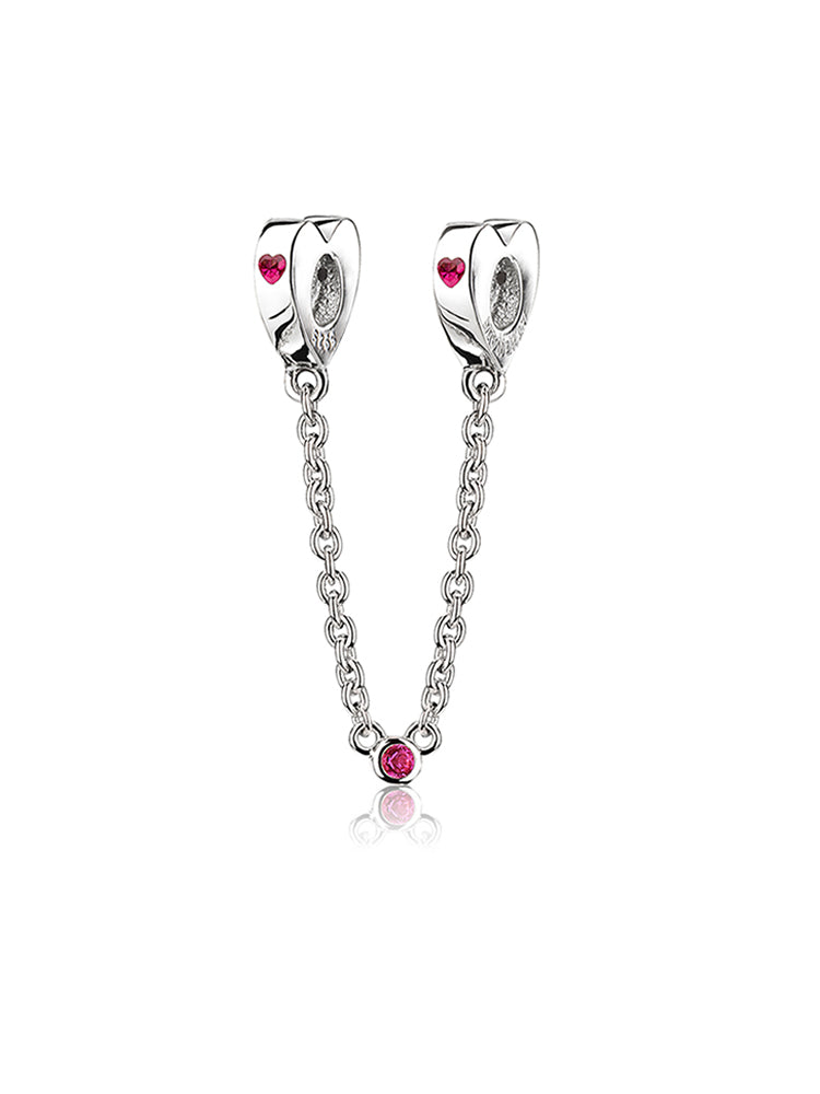 Front view of heart safety chain charm in sterling silver