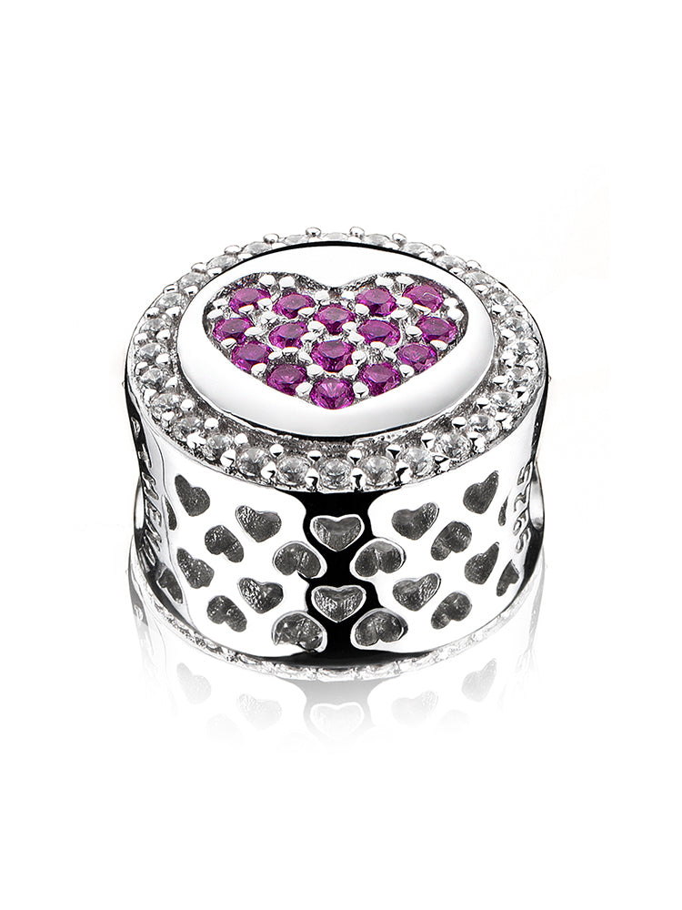 Flat view of crimson sparkle 925 sterling silver heart charm bead